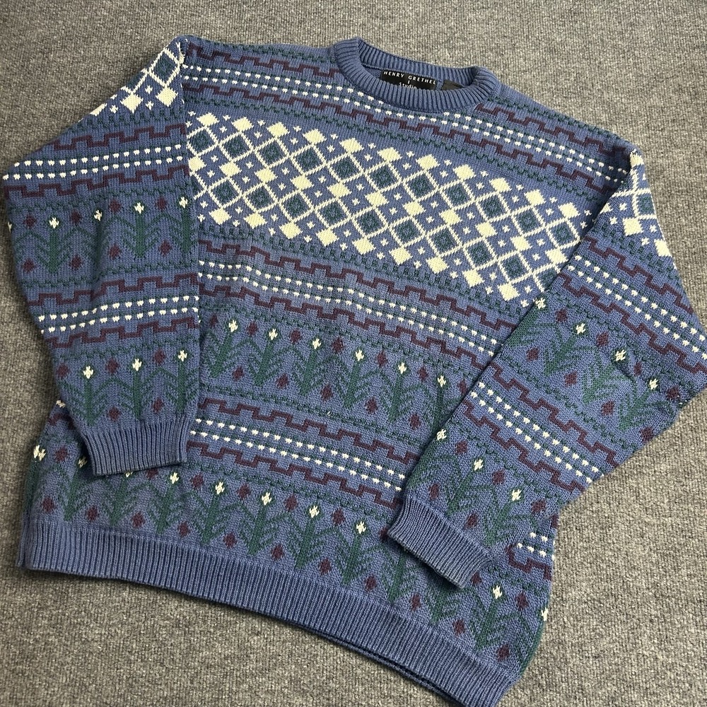 Vintage Henry Grethel Sweater Mens Large Blue Cotton Fair Isle Knit USA 80s